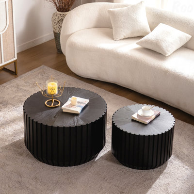 26.77" Round Wood Coffee Table Set Of 2 Living Room Set Of 2 Black Fluted Coffee Table Solid & Mdf Accent Tables (/19.69") For Small Spaces Fully Asse
