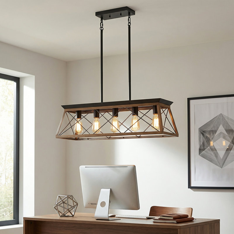 Adjustable 5-Light Farmhouse Industrial Linear Pendant Light Natural, Natural