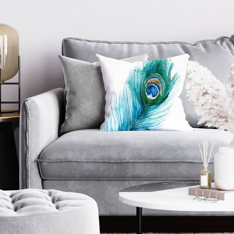 Long peacock feather - 16"x16" Throw pillow cover - Poly twill - Print on demand, 16" x 16"