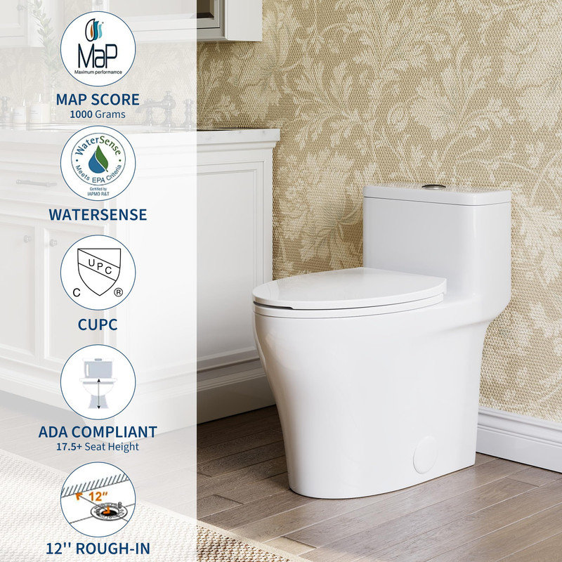Elongated One Piece Toilet, 17.5" ADA Comfort Height, Dual Flush 1.0/1.28 GPF, White for Small Bathroom, 12" Rough-In