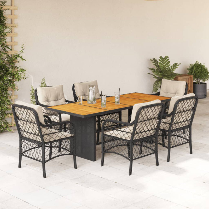  Ensemble de salle à manger de jardin noir, blanc crème, Blanc, crème, Noir