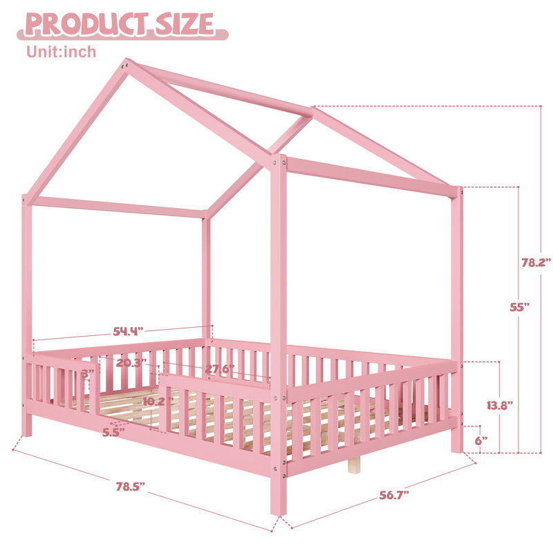 Low House Style Bed With Curtains, Full, Pink