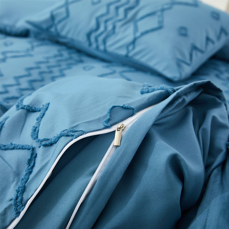 Diamond Navy Blue Embroidered Queen Duvet Cover Set