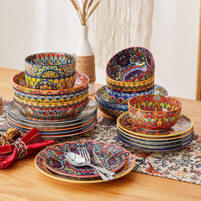 Service de table 24 pièces artistique Bohemian pour 6,6 impressions uniques sur deux côtés, ensemble de table en céramique Mix and Match