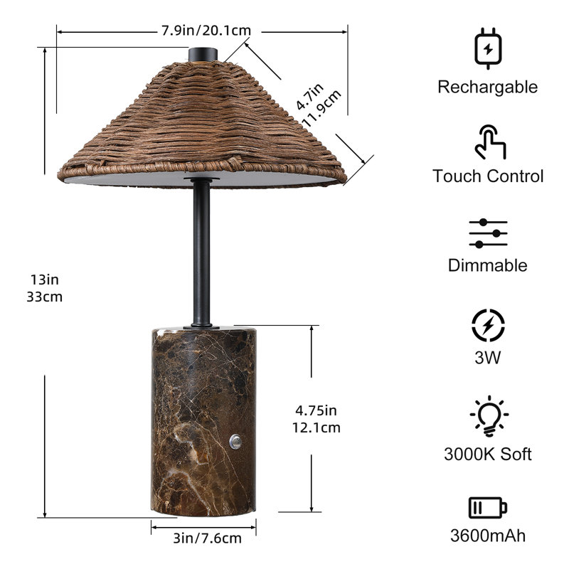 Paquet de 2 lampes de table DEL à piles rechargeables de 3600 mAh, 3 lumières à intensité variable, abat-jour en rotin bohème avec base en marbre