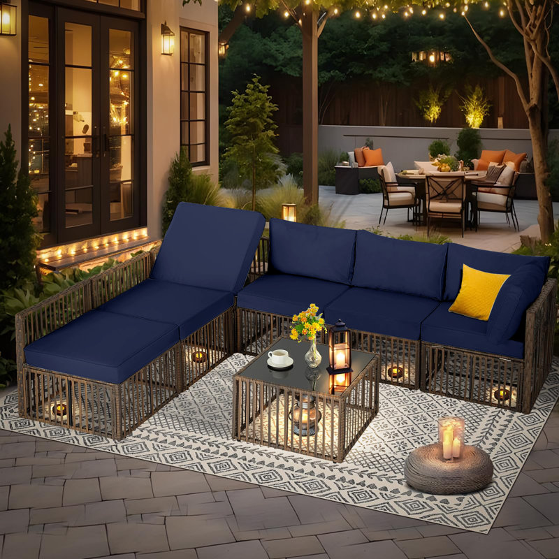 7-Piece Sectional Seating Group with Cushions, Navy, Brown