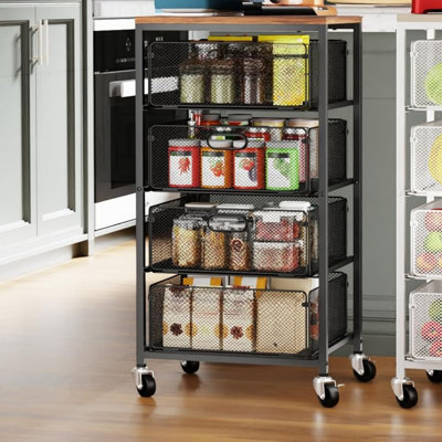 Black Rolling Cart with Drawers, 4-Tier Craft Storage Cart with Lockable Wheels