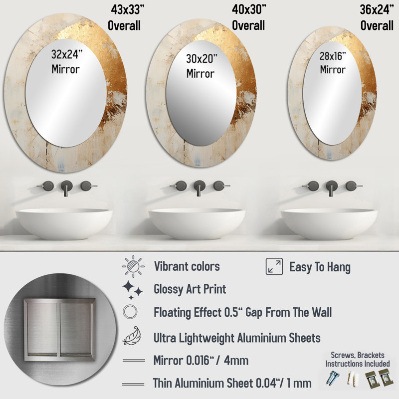 Or et peinture beige Fusion I - Grand miroir mural ovale sur métal, 40 po x 30 po