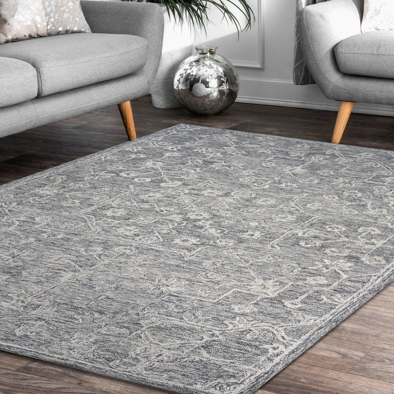 Ivy Handmade Transitional Distressed Floral Motif Tufted Wool Area Rug, Rectangle 7' 6" x 9' 6", Blue