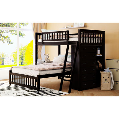 Twin Over Full Wooden Bunk Bed With 6 Compartment & Customizable Shelf System -Coloured Design, 6 Drawers Versatile Shelves