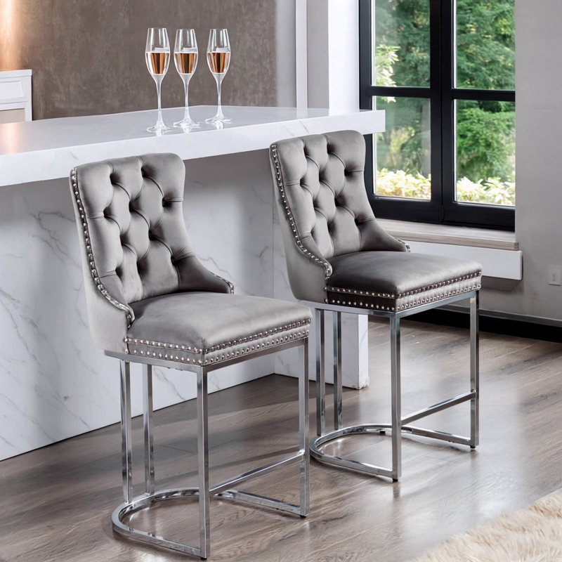 26" Counter Height Bar Stools Set Of 2, Gray Velvet