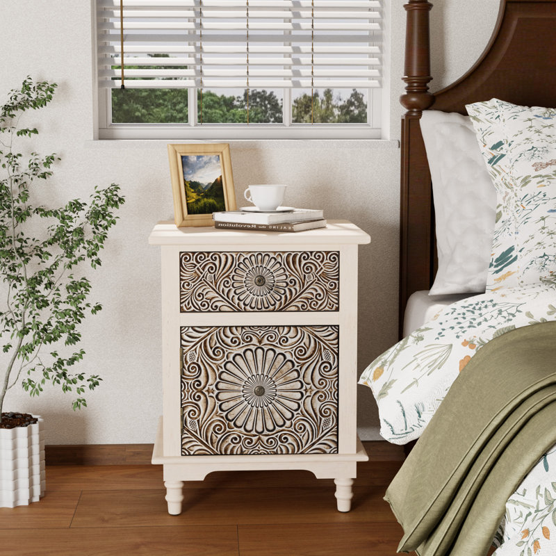 Loftis 18.4" W Carved Nightstand with Soft-Close Drawer and Cabinet 