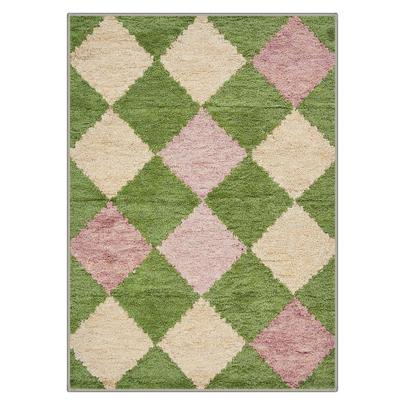 Maven Geometric Machine Washable Pink / Green / Beige Indoor Area Rug with Non-Slip Backing, Round 5'