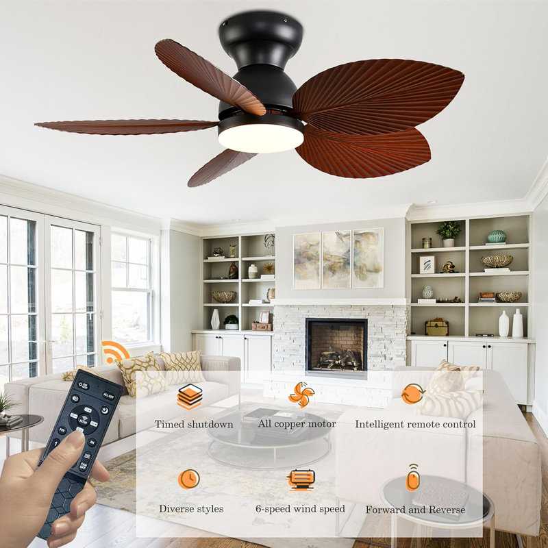 Ventilateurs de plafond tropicaux avec lumière, ventilateurs de plafond encastrés en feuille de palmier de 38 pouces pour les chambres à coucher, à l'intérieur et à l'extérieur, télécommande / commande APP, 6 vitesses, à intensité variable, ré