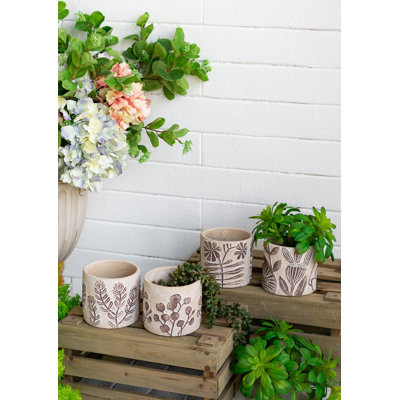 Set of 4 4.3x4.3x4" Gray Sand and Cement Planters with Brown Botanical Motifs
