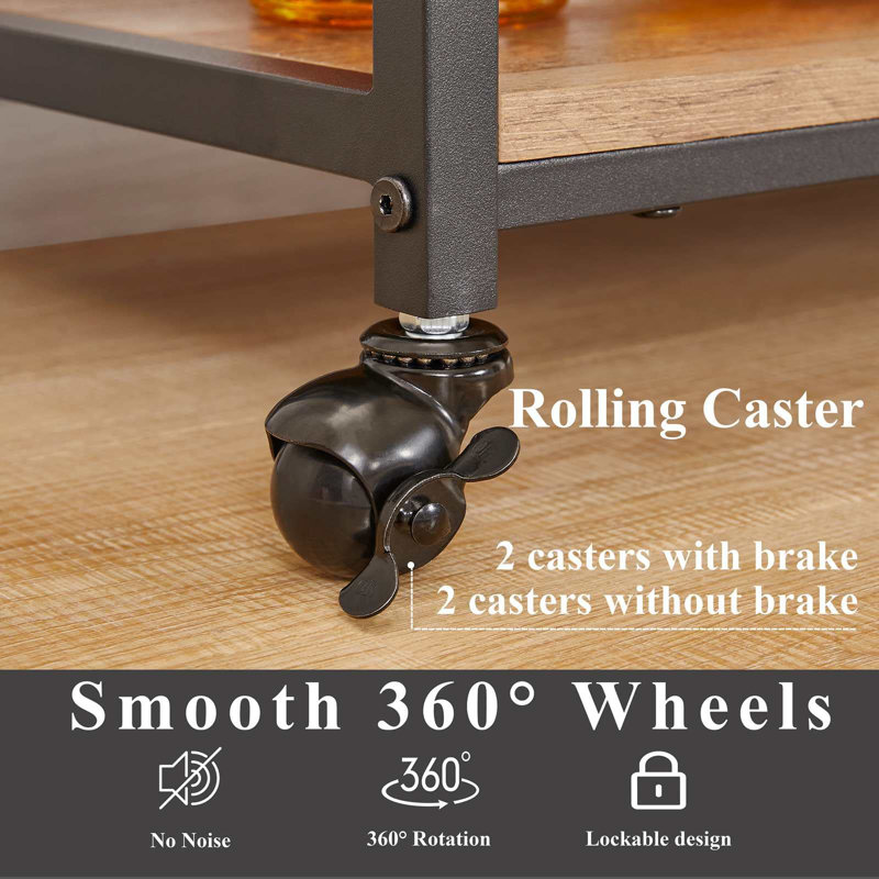 Rustic Oak 3-Tier Rolling Bar Cart with Wine Rack and Glass Holder