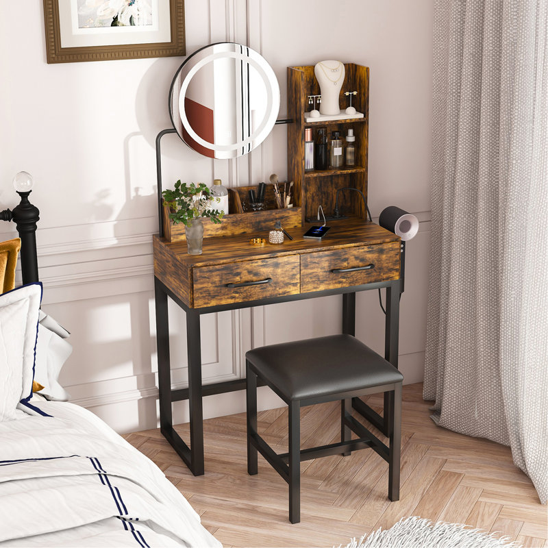 Makeup Vanity With LED Lights&3 Color And Power Outlet Makeup Vanity Table With 2 Big Drawers With Sturdy Metal Leg And Metal Chair ,Dressing Table For Bedroom Dressing Room (Brown)