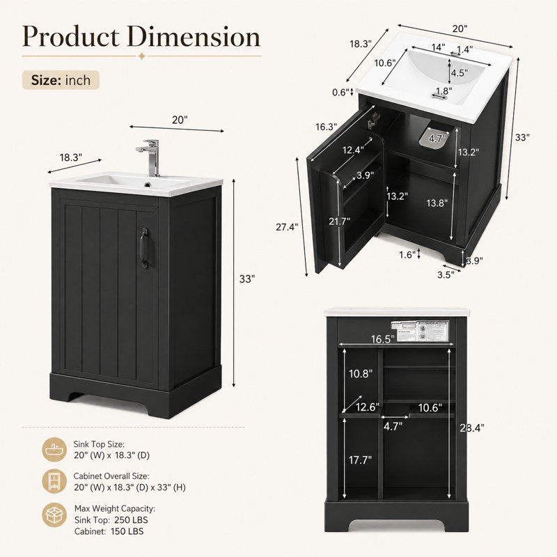 Meuble-lavabo Mavessa de 20 po avec lavabo en céramique, meuble-lavabo moderne sur pied avec porte à fermeture amortie, tablette de rangement intégrée, tablette réglable et robinetterie monotrou.