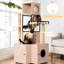 Tour pour chat de 63 po avec bac à litière intégré, condos doubles, coussin en mousse à mémoire de forme, poteaux à griffer, support interactif, lavable à arbre blanc et gris, rangement intelligent, style américain
