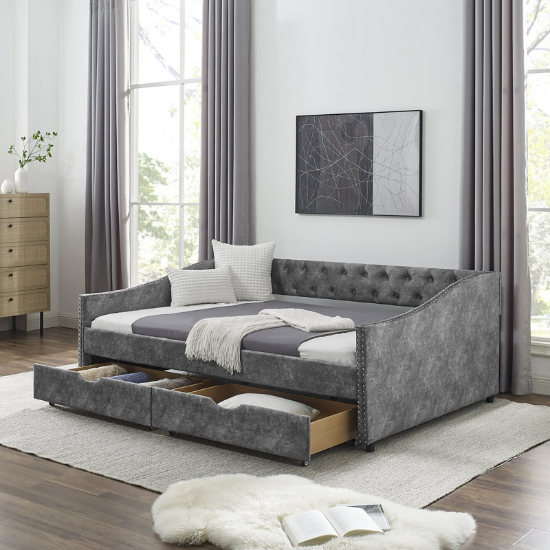 Élégant lit de jour rembourré avec rangement, canapé-lit gris moderne