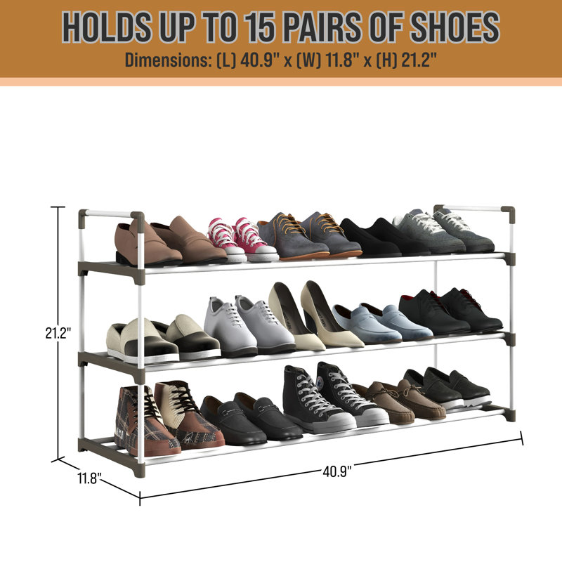 SR1001 Shoe Rack - 3-Tier Shoe Organizer for Closet, Bathroom, Entryway - Shelf Holds 15 Pairs Sneakers, Heels, Boots by Home-Complete