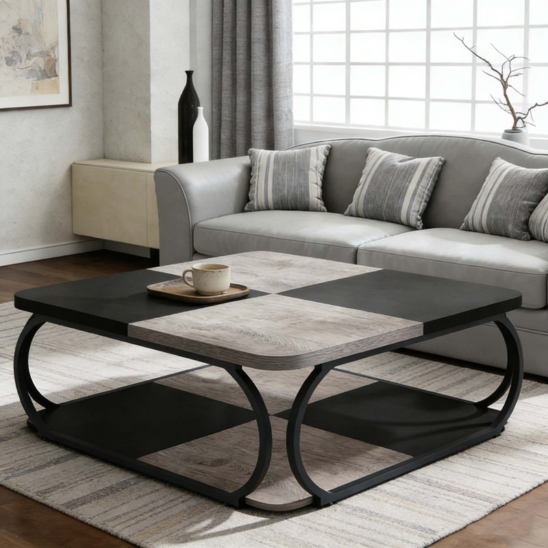 Square Central Cocktail Table With 2-Tier Shelves, Grey & Black