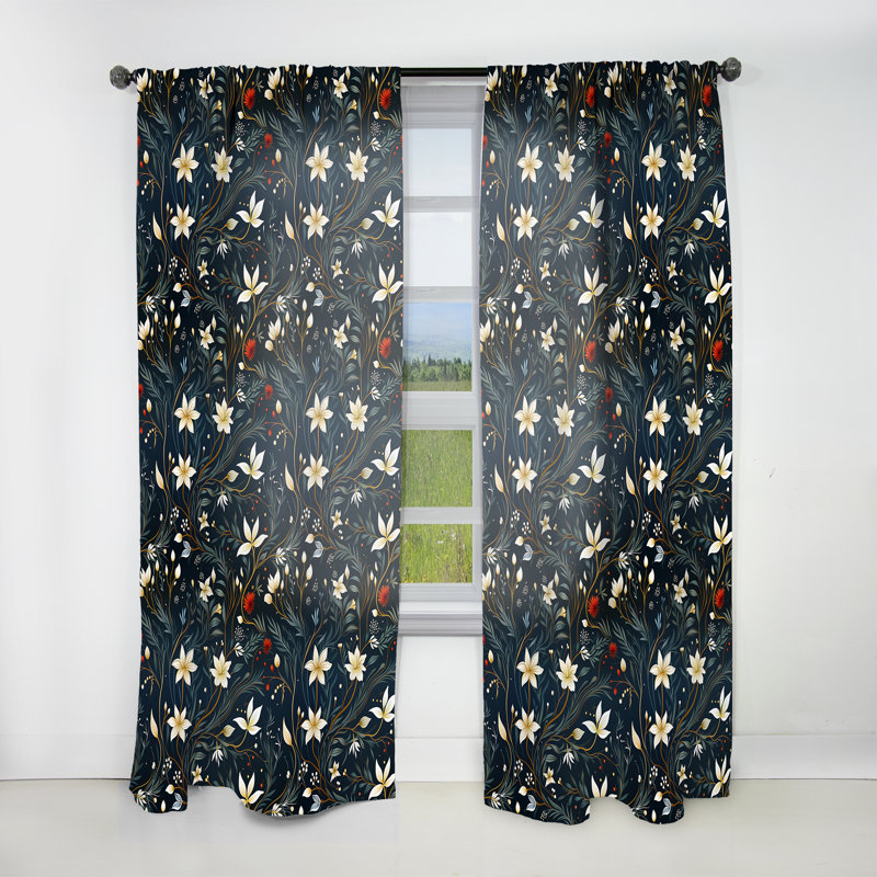 Rideau en velours bohémien blanc et vert à motif zébré de fleurs blanches et vertes - 1 panneau, L 52 po x L 84 po
