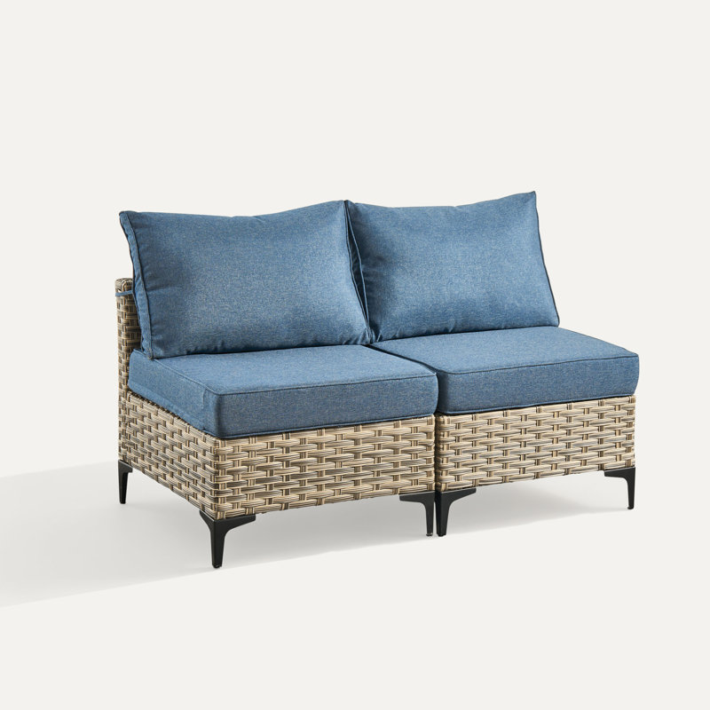 Ensemble de conversation en osier / rotin pour 2 personnes avec coussins Emroy, Bleu denim