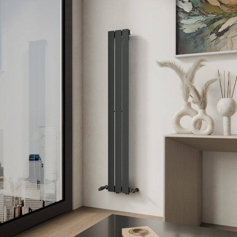 iBathUK Belgravia Vertical Single Slim Flat Panel Radiator Angled Valve, Grey, 1600cm H x 228cm W x 52cm D