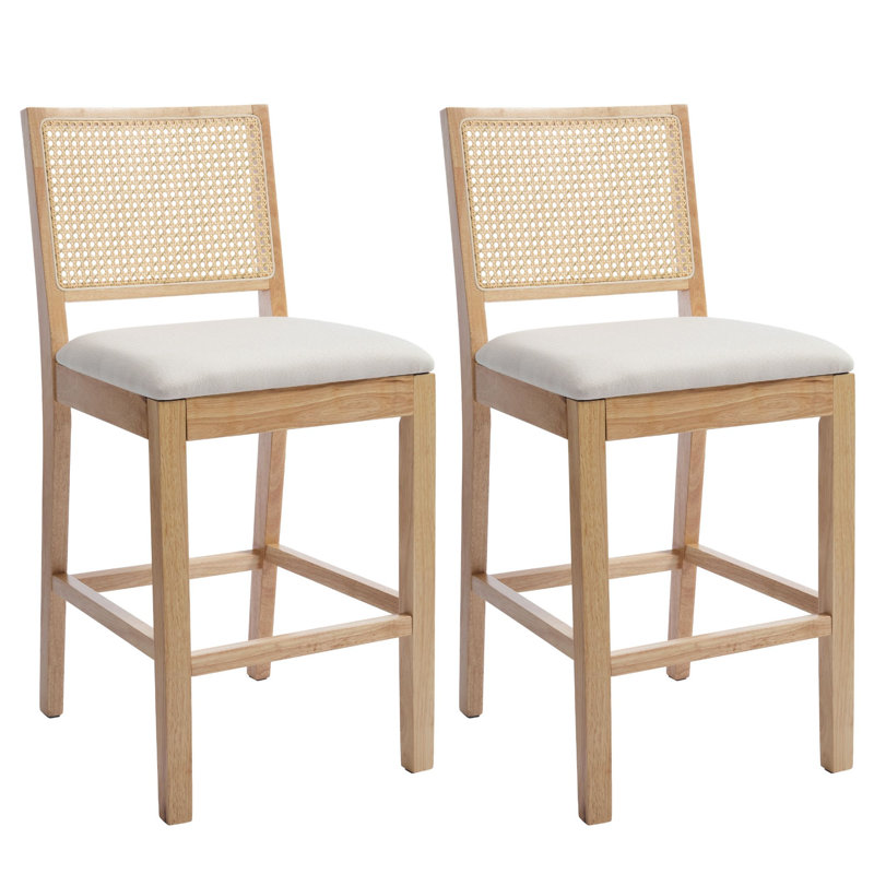 Tabouret de comptoir moderne de 26 po avec dossier en rotin et structure en bois, Beige, Crème