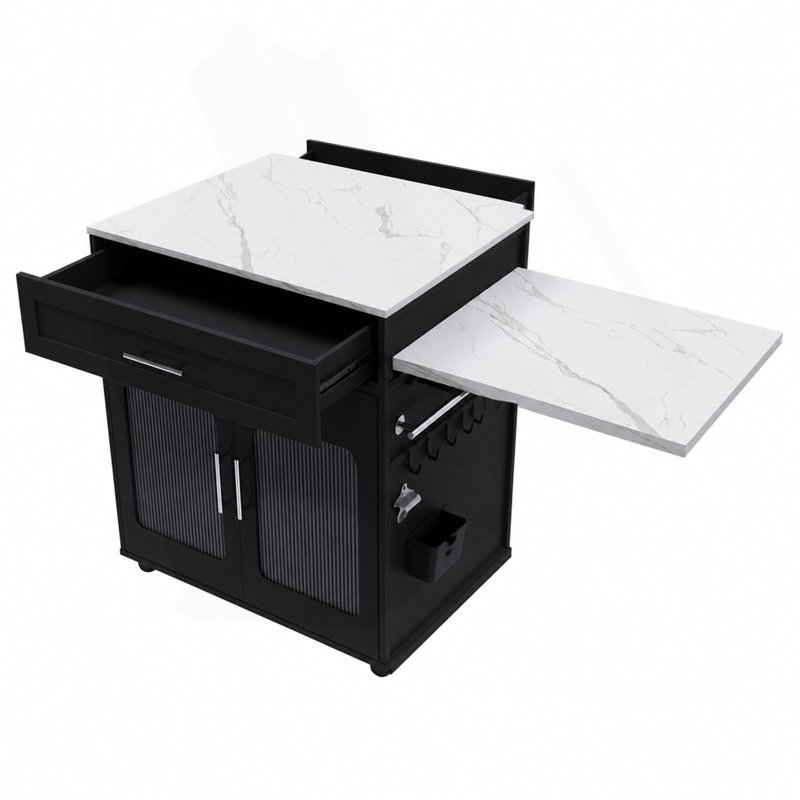 Îlot de cuisine de 80 pouces avec table de salle à manger, comptoir avec prise de courant, chariot de rangement mobile avec armoire et 2 tiroirs, table de préparation pour la cuisine (noir)