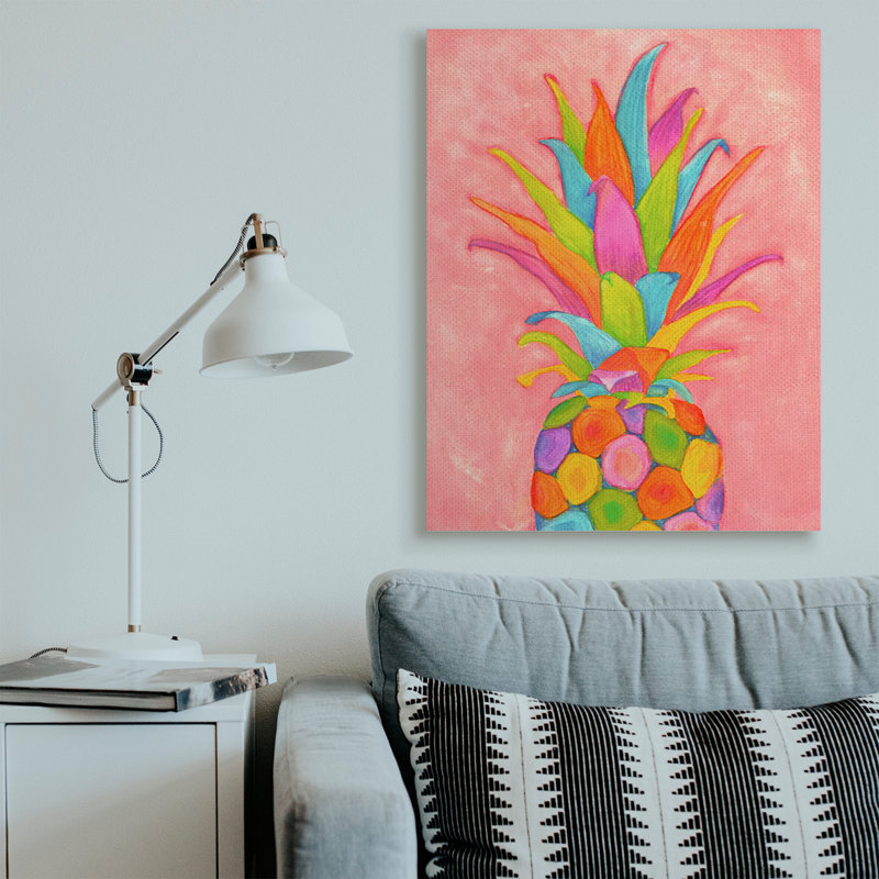 Vibrant ananas fruit amusant rose bleu jaune, H 30 po x l 24 po, Cadre noir