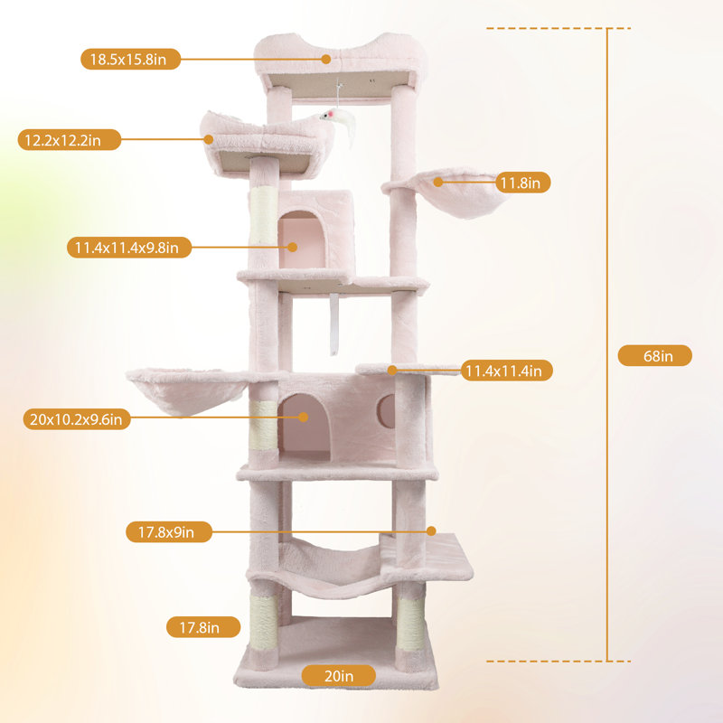 68 po, haut, rose, multi-niveaux, arbre à chat, 6 aires de jeu à niveau, coussins amovibles confortables, poteaux à griffer enveloppés, relaxant, grand arbre rose avec poteaux pour chats