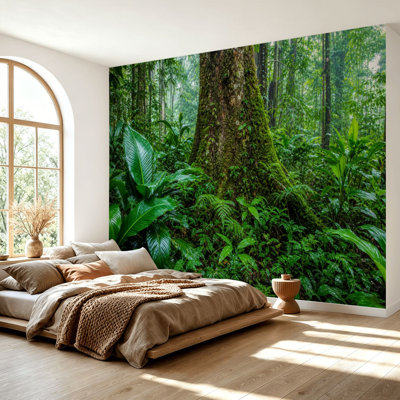 Wall Mural Peel and Stick Wallpaper Rainforest Moss Covered Tree Trunk Green Tropical Foliage Self-Adhesive Removable Contact Paper Wall Decor for Living Room Bedroom 69"H x 96"W