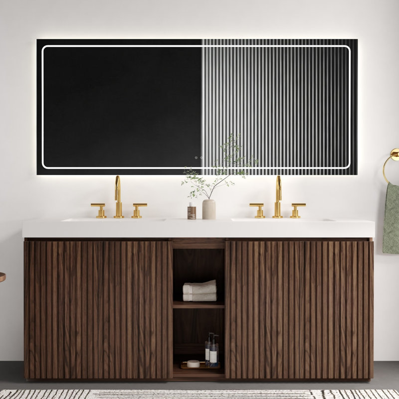 Meuble-lavabo double 60 po avec lavabo en quartz noir, Blanc, Noyer brun, 72"