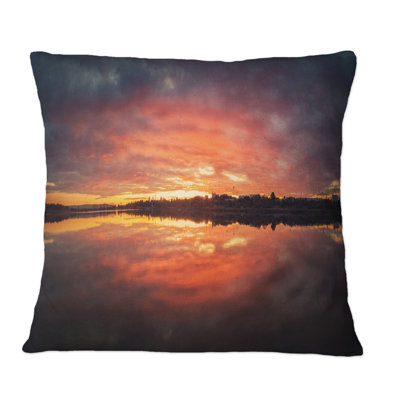 Design Art Bold Sunset Panorama Over Delia Lake - Traditional Printed Throw Pillow In Orange