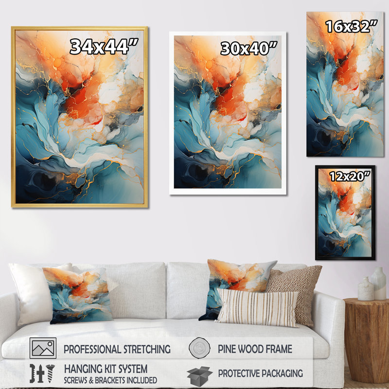 Teal Orange Bold Abstract Flow Collage II - Dams, impressions encadrées, Cadre photo unique, H 20 po x l 12 po, Doré