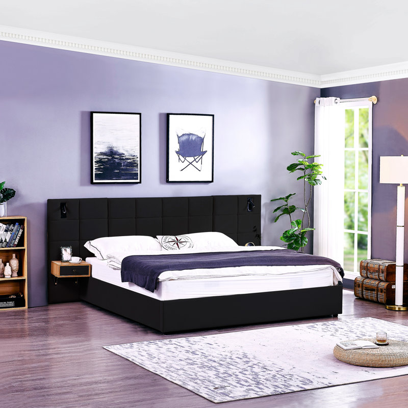 Très grand lit plateforme tapissier hydraulique en velours avec 2 tablettes, 2 lampes de lecture et port USB, Noir