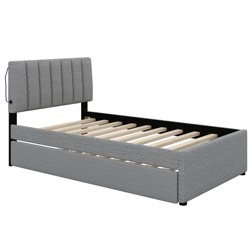Lit plateforme tapissier avec lit gigogne, Gris