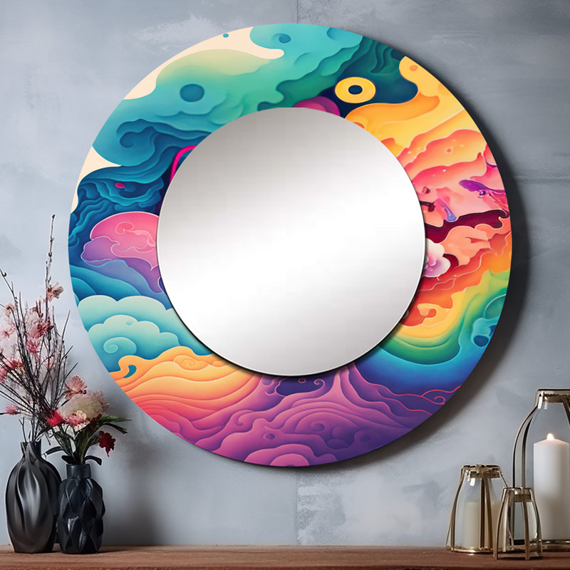 Shonice multicolore Swirly Clouds VI - abstrait spirales murales, miroir décoratif rond rose, grand art imprimé en métal