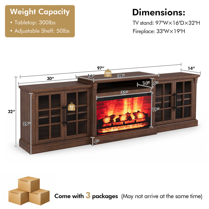 97" Large Farmhouse Tv Stand with 33" Fireplace, Rustic Brown, Rustic Brown