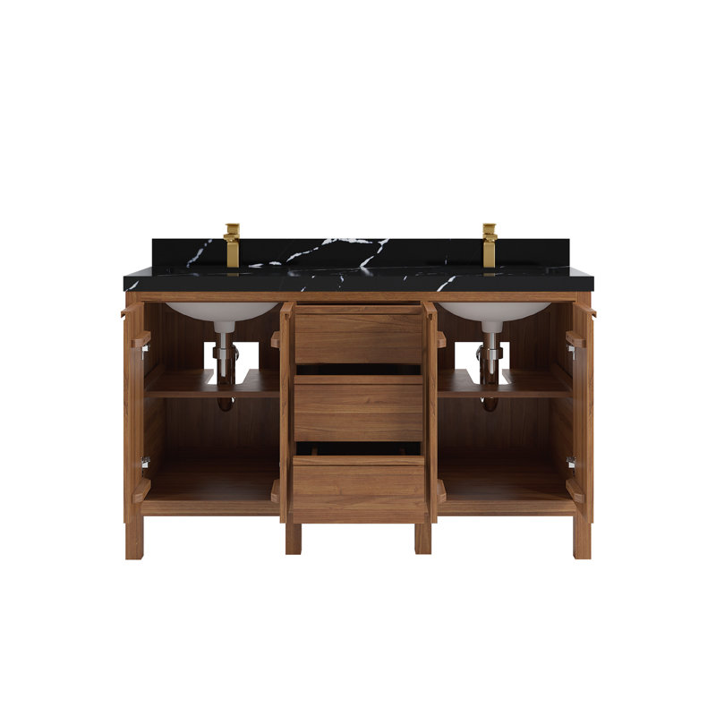 60 po Elizabeth X P 22 po D Meuble-lavabo double en quartz naturel foncé avec quartz, 2 en noir Calacatta