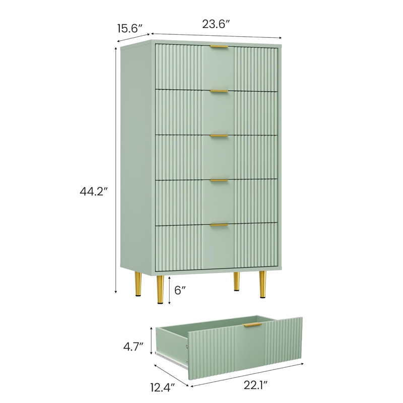 Commode 5 tiroirs cannelée pour chambre à coucher avec 5 tiroirs et poignée en métal