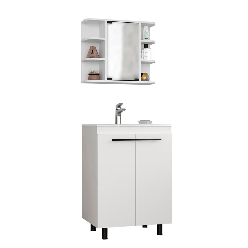Armoire de salle de bain blanche: meuble-lavabo spacieux et miroir pratique 2 en blanc: pour une utilisation quotidienne essentielle