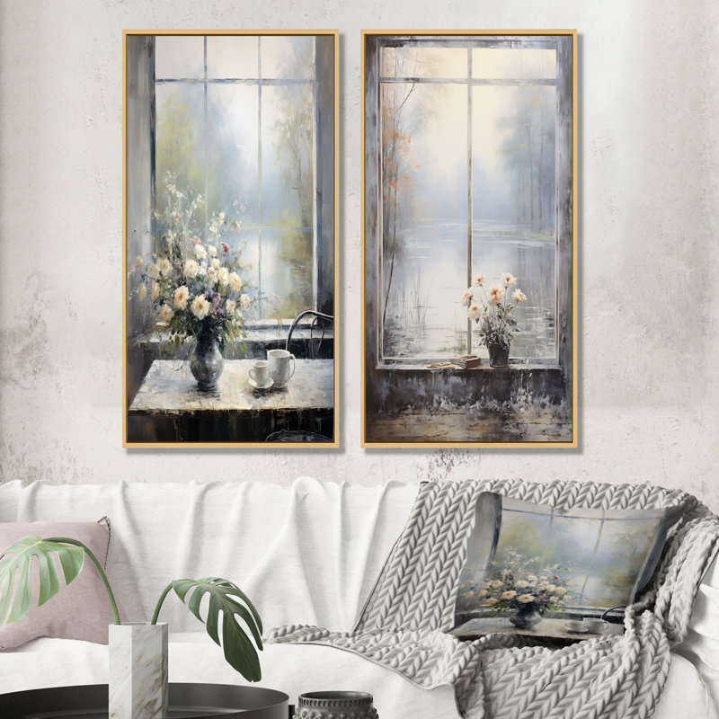 «Gray Misty River Window View I», ensemble de 2 impressions sur toile, H 32 po x l 33 po, Encadrement brun