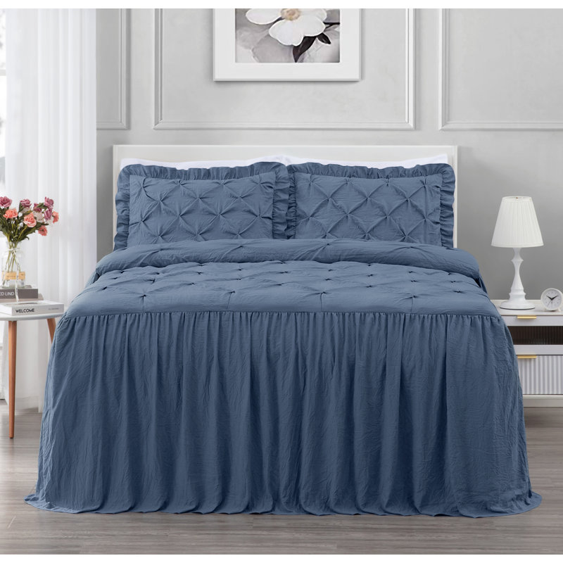Aria French Country Chic Pinch Pleat Pintuck Ruffle Skirt Bedspread Set, Full Bedspread + 2 Standard Shams, Blush Pink