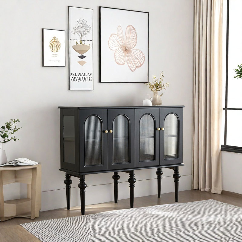 Retro Sideboard Cabinet With 4 Doors, Black