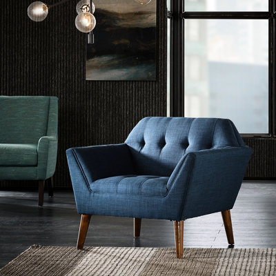 Méridienne Mid-Century avec capitonnage à boutons, pieds en bois de pacanier massif, accoudoirs confortables, siège Mid-Century avec accoudoirs rembourrés bleus, coussins,