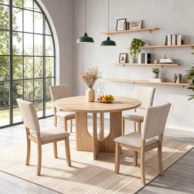 5-Piece Wood Round Dining Table Set for 4, Kitchen Table Set with 4 Upholstered Chairs