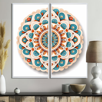 Sacred Mandala In Retro Blue And Orange - White Traditional Canvas Prints